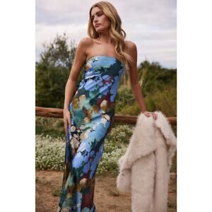 12th Tribe Natalia Watercolor Cowl Drape Strapless Satin Maxi Dress Sz M Boho